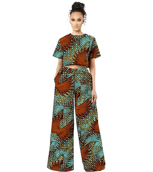 Ensemble 2 pièces Wax Africains pour Femmes - Ensemble Pantalon LARGE CROP TOP